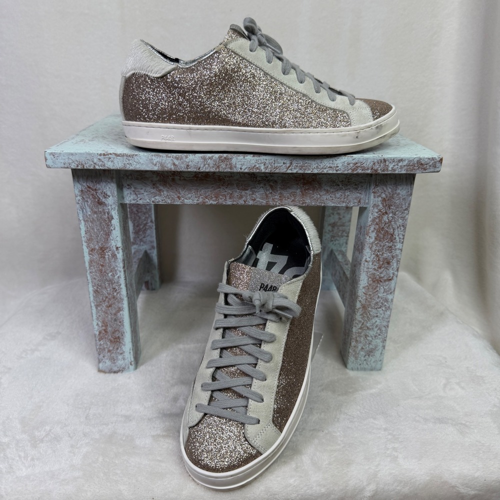 P448 John Sneakers Women 39 Rose Gold Silver Glitter Yeti Calf Hair Suede
